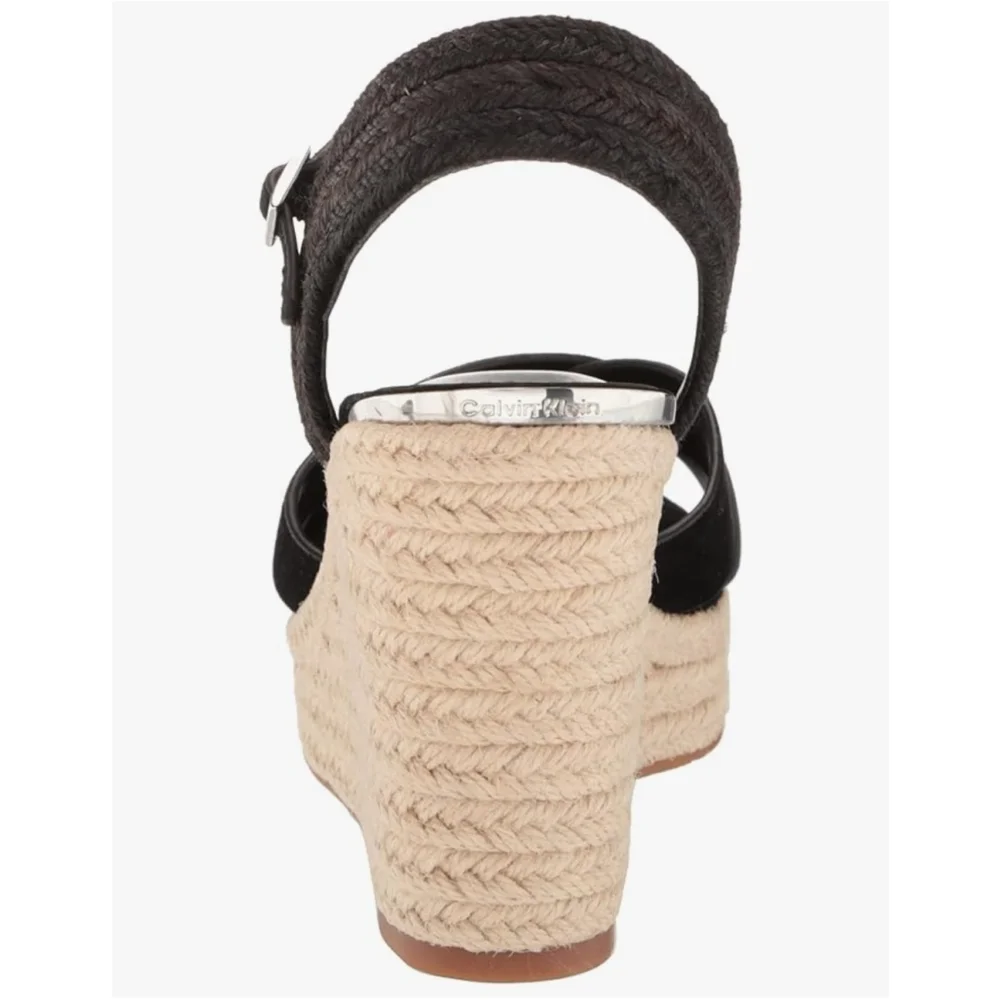 CALVIN KLEIN ELORY Suede LEATHER Cross Strap Espadrille Wedge Sandal 9.5 M BLACK